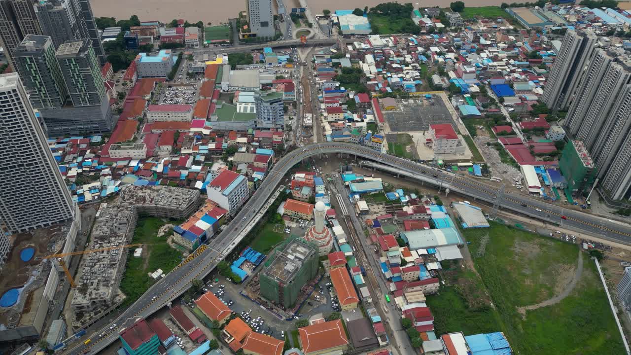 Aerial View of Phnom Penh City, Cambodia: Modern Skyscrapers and Densely Populated Areas