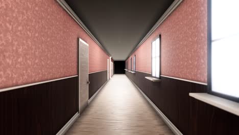 abstract interior inside hotel building. animation. camera moving through the 3d model of a hall with windows, doors and walls, design and architecture concept, seamless loop