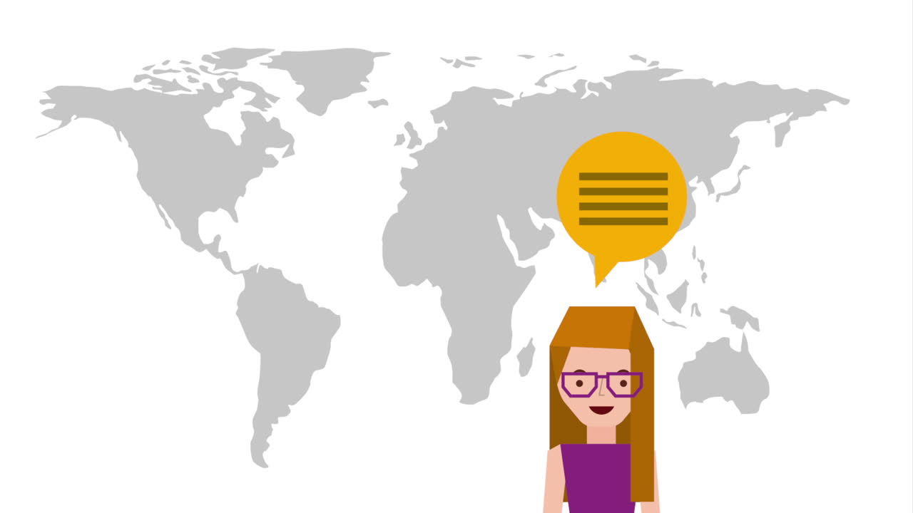 음성 거품과 세계 지도를 가진 여성