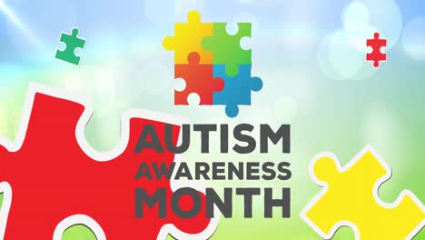 Animation-of-colourful-puzzle-pieces,-autism-awareness-month-text
