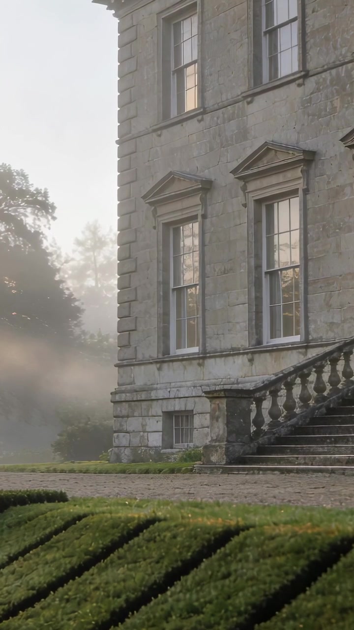 Video verticale: Telecamera che panoramica rivelando una villa in pietra in giardino, mostrando una scala in pietra e la nebbia.