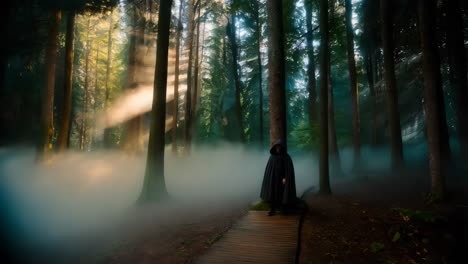 mysterious figure in a foggy forest