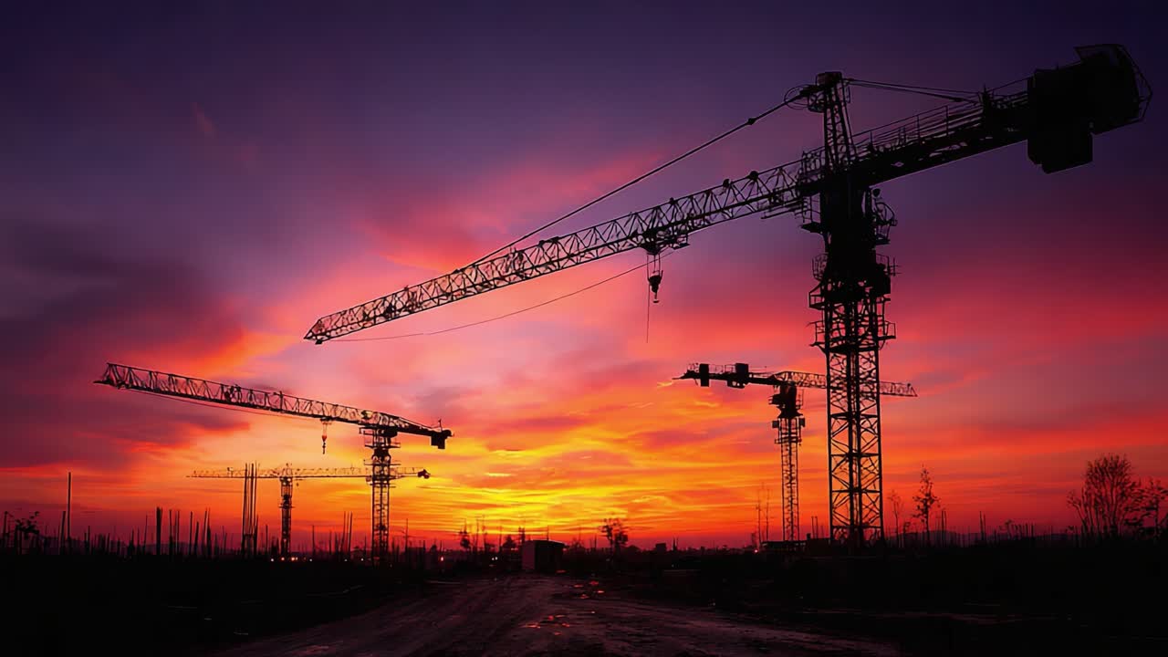 Dramatic Sunset Over Construction Site with Tower Cranes Silhouetted Against Vibrant Sky, Capturing the Beauty of Industry and Nature Combined