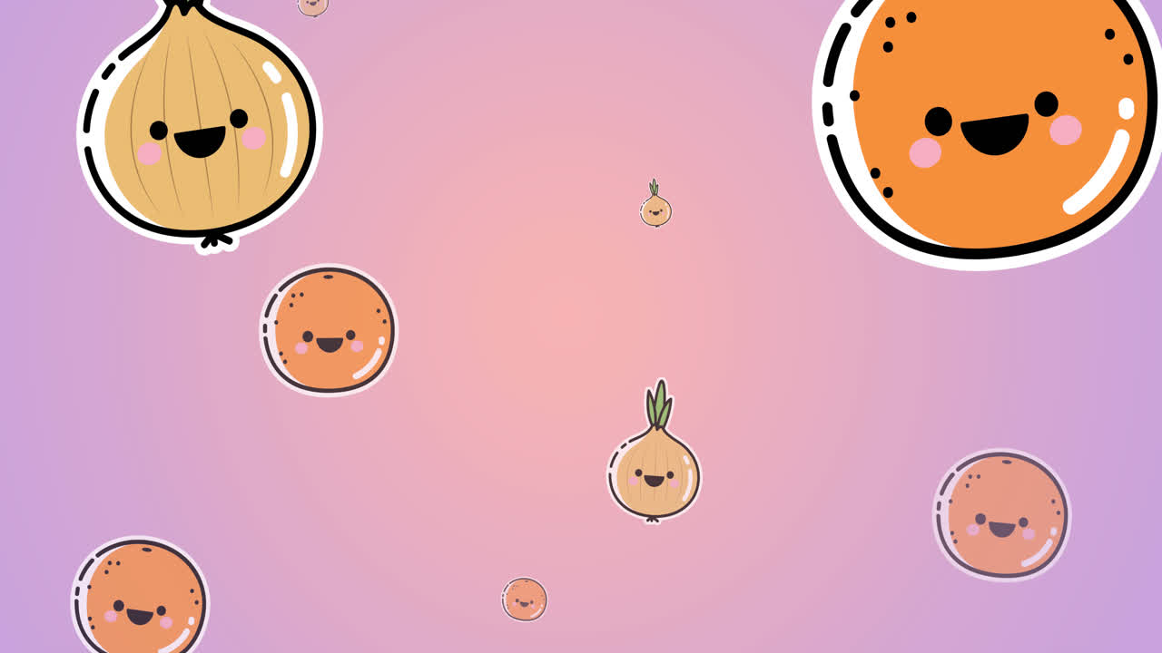 Animation of cartoon onions and oranges floating on pink background