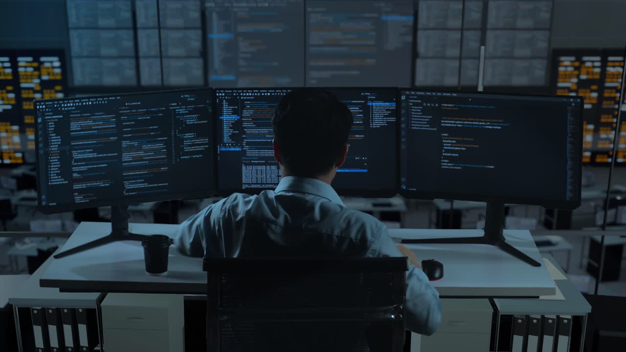 Back View Of Tired Asian Man Developer Stretching While Write Code With Multiple Computer Screens In The Office