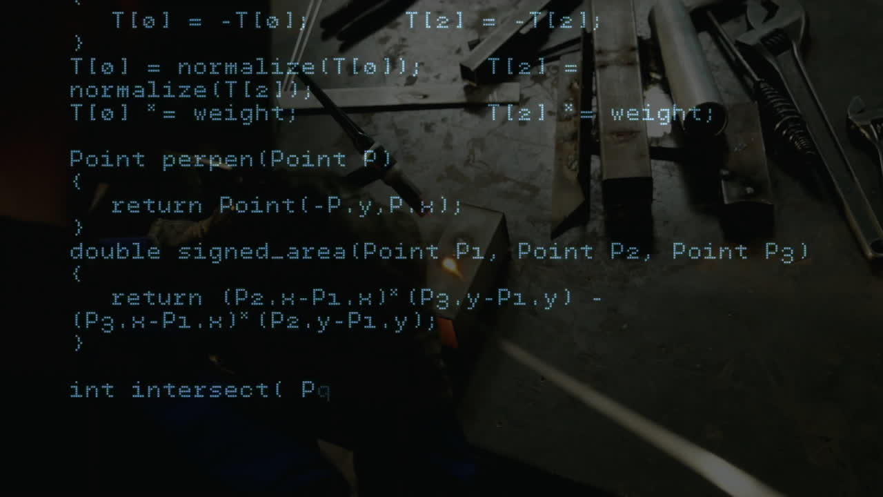Engineer assembling round metal parts on vise in technology workshop, overlaying turquoise code