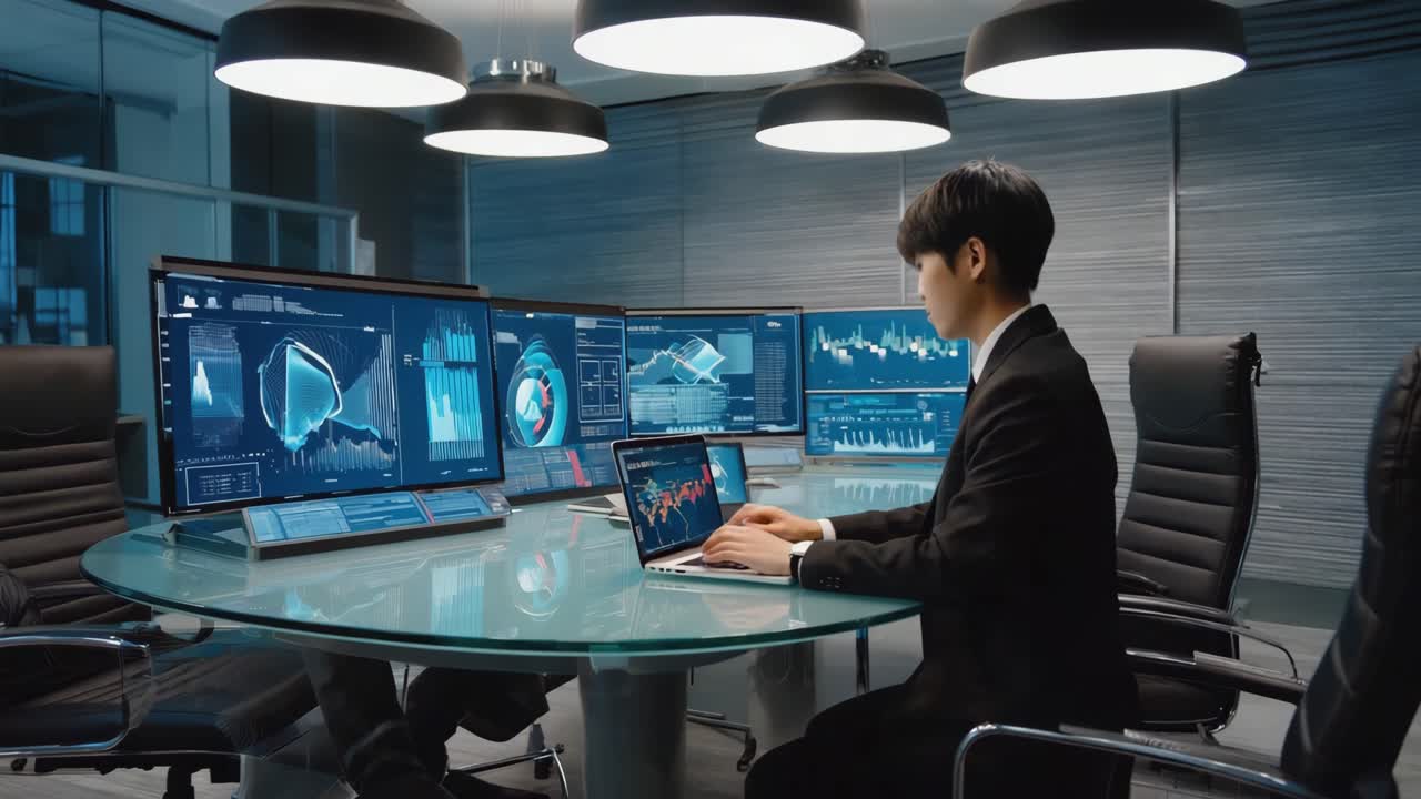 Man Analyzing Financial Data on Multiple Screens in a Modern Office