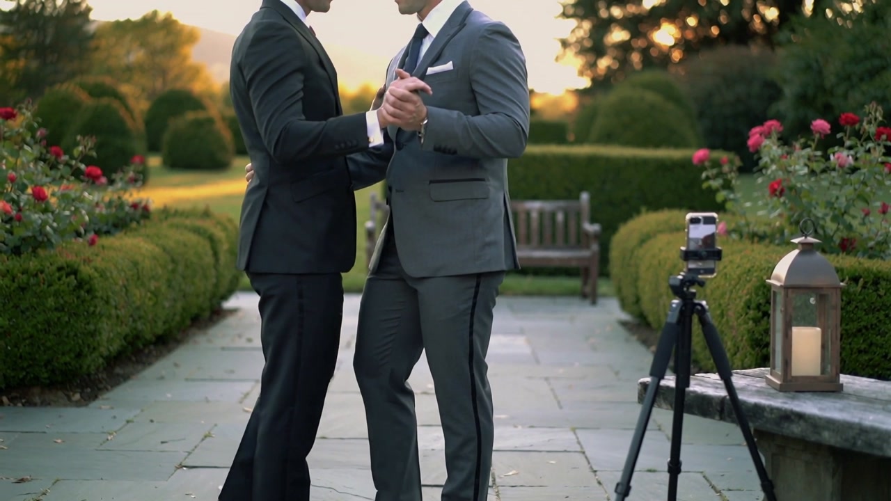 Dancing two men in suits slow closehold on garden path tripod phone starting recording for ceremony