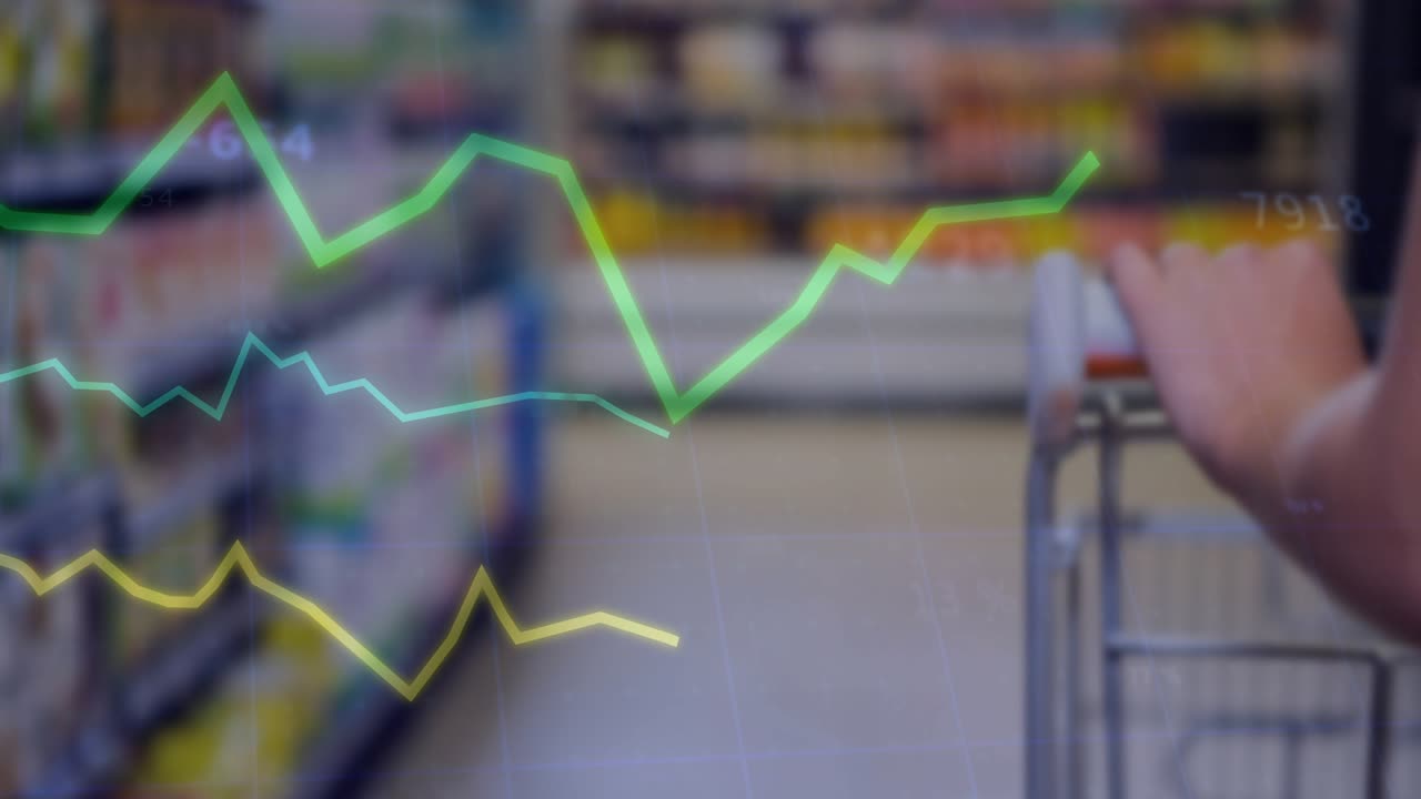 Shopper hand pushing cart down aisle, overlays appearing and animating to show live shopping data
