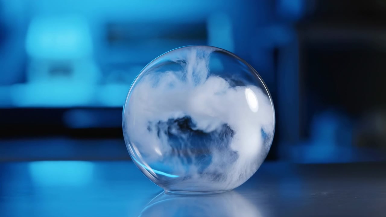 Scena ravvicinata in movimento di una bolla traslucida su un tavolo riflettente, vapore bianco che vortica all'interno e sale verso l'alto, con luce blu fredda, riflessi lucidi, atmosfera da studio minimale, con bolla, vapore.