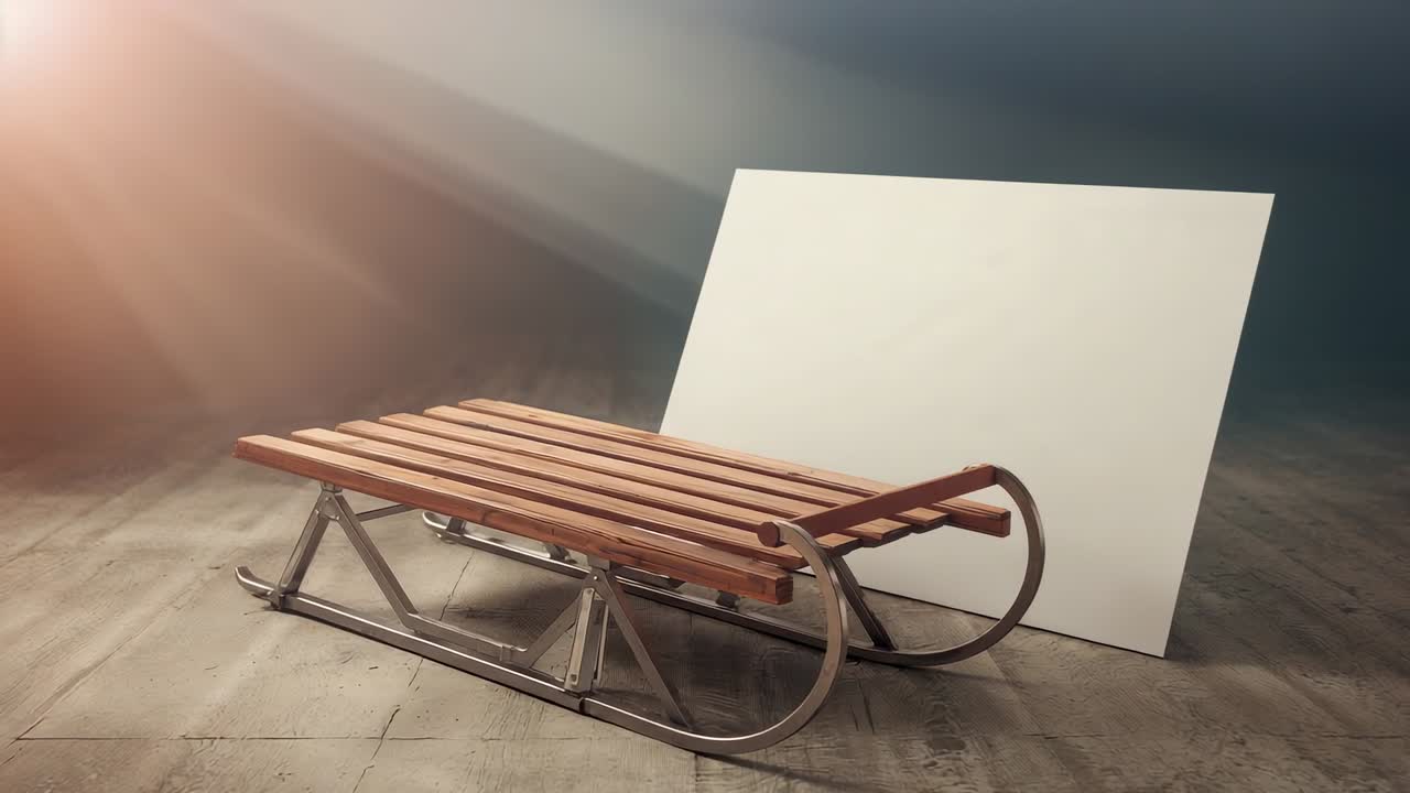 Entering warm light showing wooden sled with metal runners on wooden floor, white panel background
