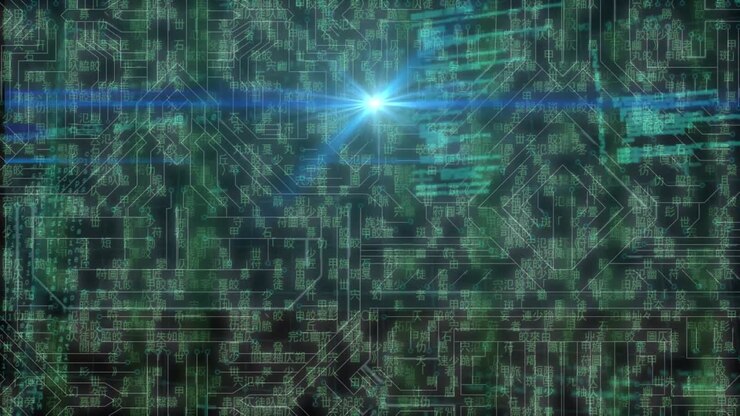 Animation of data processing over glowing computer circuit board