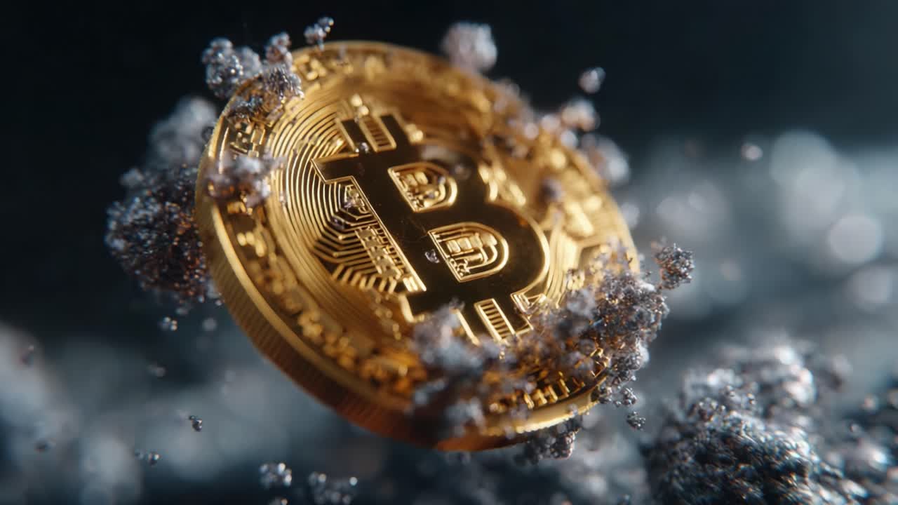 A Stunning Visual Representation of Cryptocurrency: The Golden Bitcoin Floating Amidst Glittering Particles, Symbolizing Digital Innovation and Financial Future