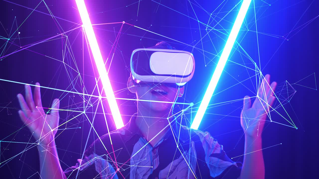 Vr, Futuristic, Entertainment Concept. Excited Asian Boy Using Virtual Reality Headset With Neon Light At The Background