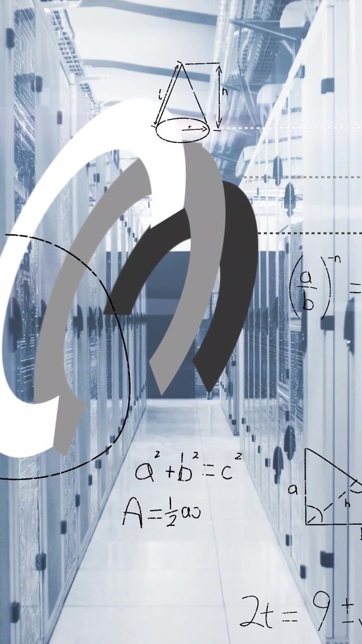 Animation af upload af data-ikon og matematiske beregninger over et computerserverrum.