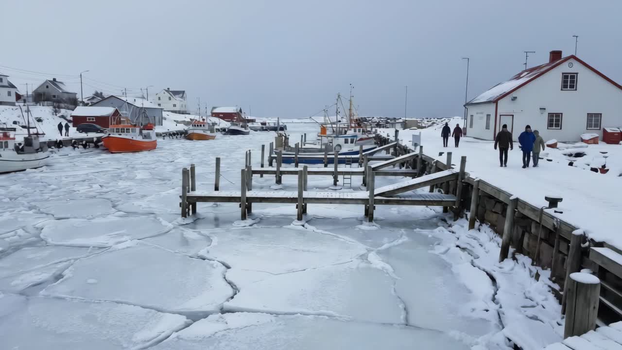 Folk som går på en snødekt brygge i en frossen fiskelandsbyhavn