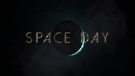 el texto dorado brillante celebra el día del espacio sobre un fondo oscuro