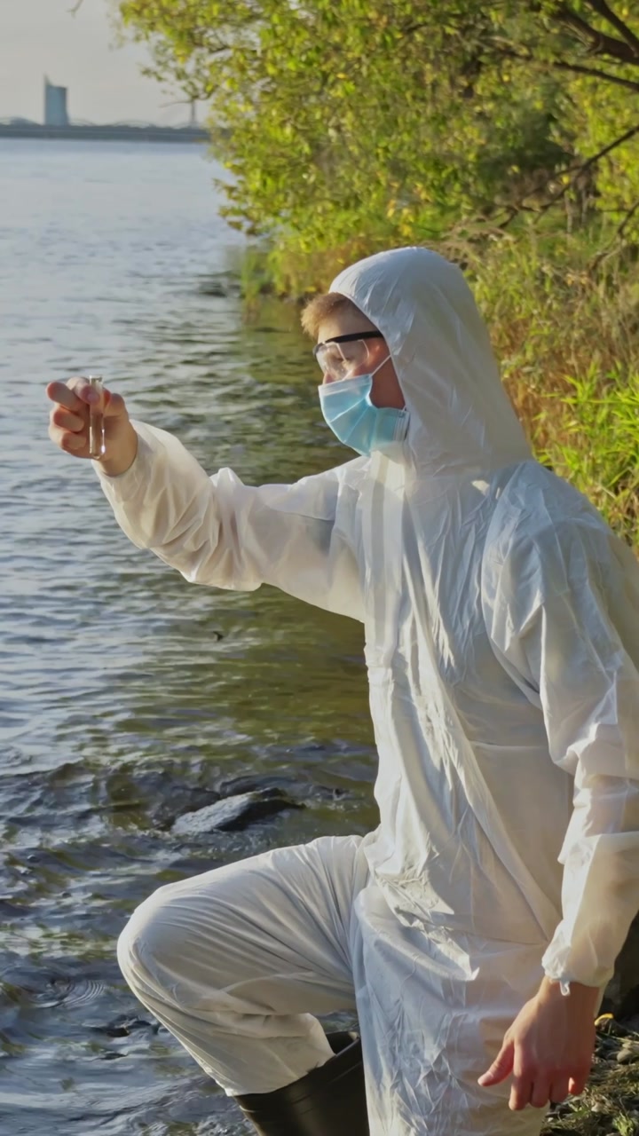 Scientist in hazmat suit looking at the water sample from the river in the test tube, vertical shot
