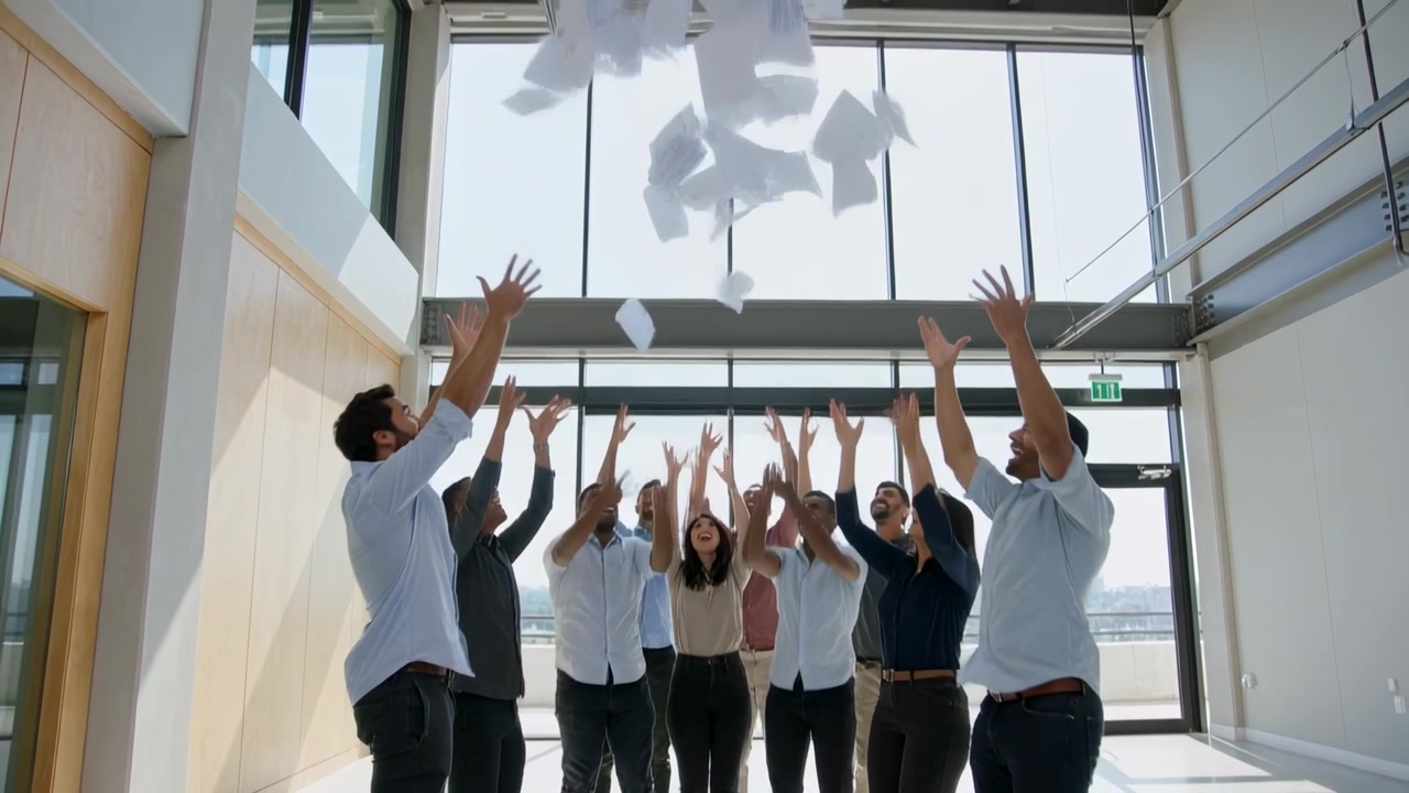 Throwing team in office attire lifting and releasing paper stacks in atrium, after project win