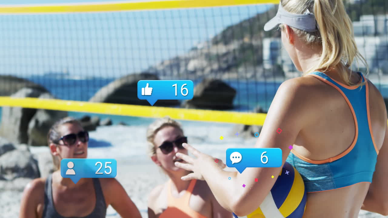 Playing beach volleyball, women with animation of social media notifications overlay