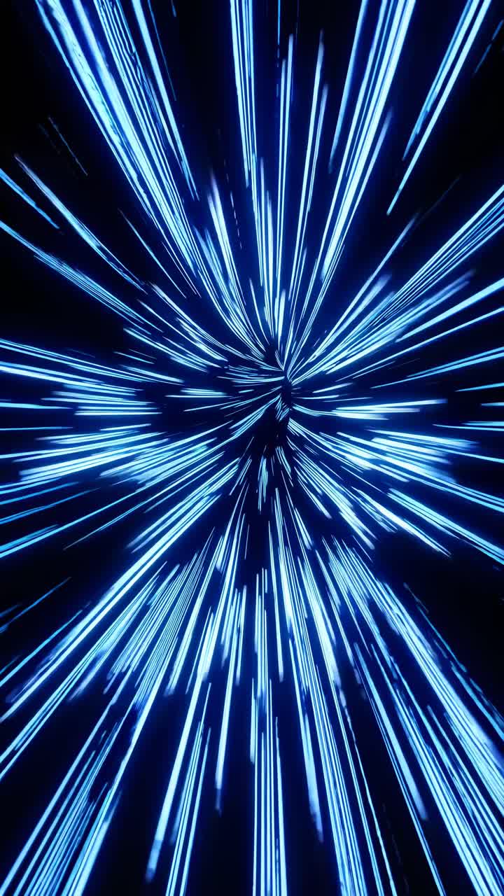 Concept video dinamico con un effetto velocità di curvatura. Strisce di luce blu creano l'illusione di un tunnel.