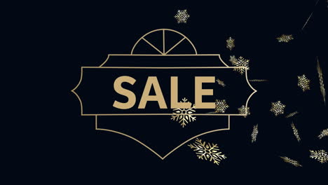 animation of sale text and christmas snow falling on black background