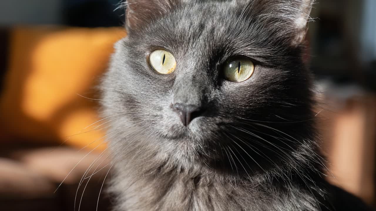 Un maestoso primo piano di uno splendido gatto grigio con occhi intensi, catturato in luce naturale, che mostra la sua bellissima pelliccia e le sue caratteristiche uniche in un ambiente accogliente.