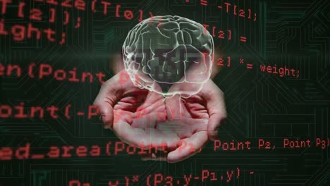 animation of data processing and human brain on hand over dark background