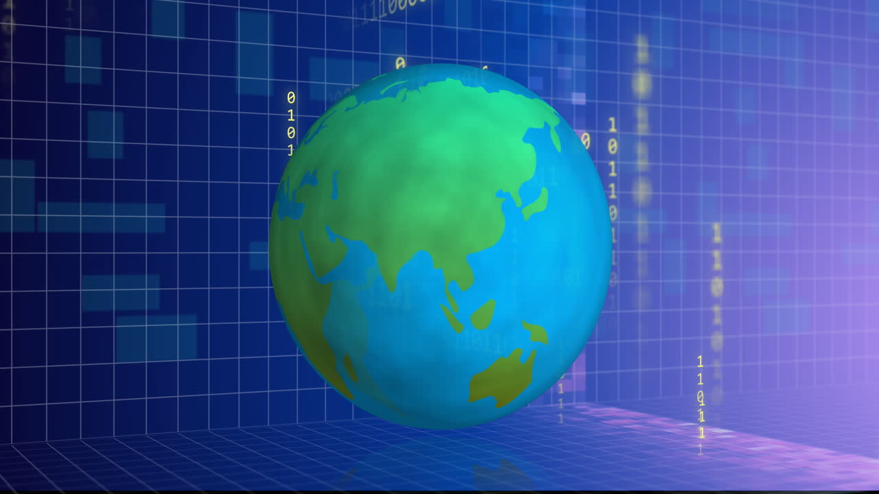 Animation of globe and data processing over binary coding
