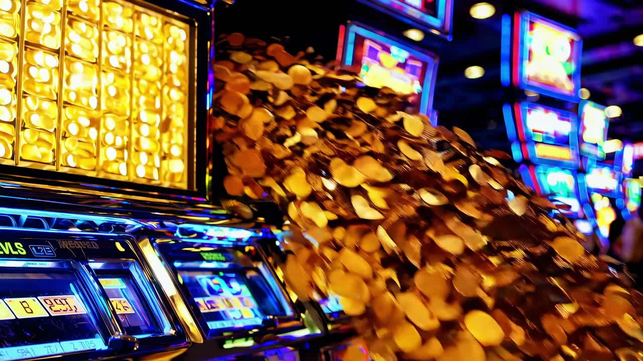 Golden coins cascading from a slot machine in a vibrant casino, creating an electrifying atmosphere filled with excitement and the thrill of a big win. Bright lights and colors enhance the scene