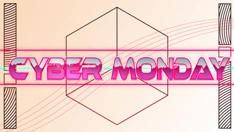 Animation-of-pink-metallic-text-cyber-monday,-over-neon-lines-and-black-hexagon-on-pale-pink