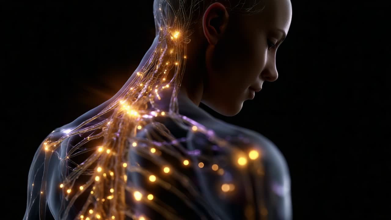 A captivating exploration of a human figure showcasing intricate biological systems with glowing neural pathways visually represented on the back, emphasizing the ethereal connection between body and energy