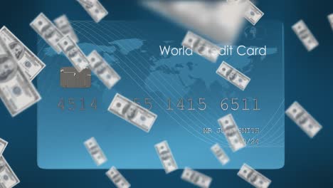 animation of dollar bills falling over blue credit card, on dark blue background