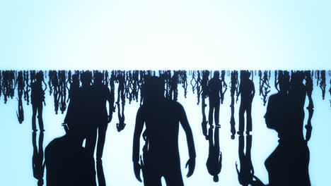 Silhouettes-of-a-crowd-of-people-spread-out-over-a-reflective-blue-surface-past-a-bright-background.-Conceptual-animation-showing-the-everyday-struggle-and-stressful-situations-in-public-relations.