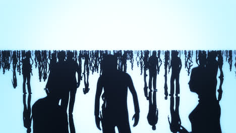 silhouettes of a crowd of people spread out over a reflective blue surface past a bright background. conceptual animation showing the everyday struggle and stressful situations in public relations.