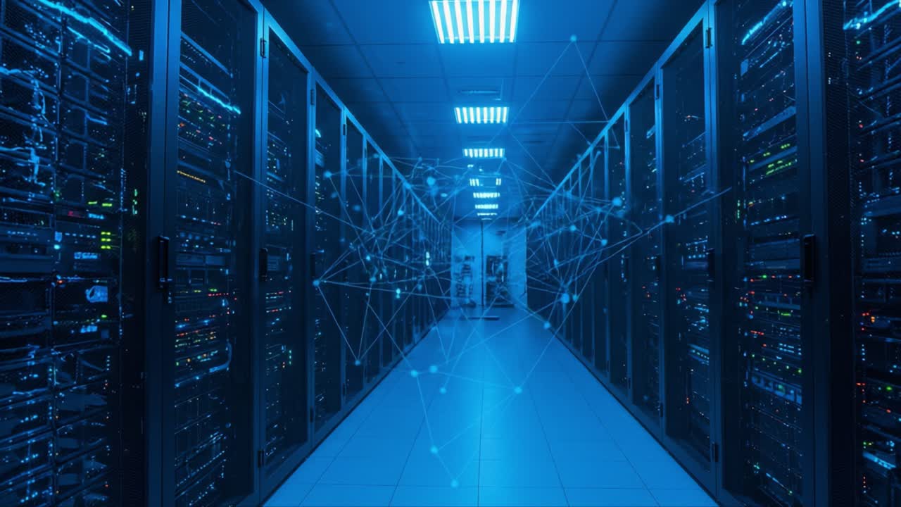 A high-tech server room illuminated with blue lighting, showcasing a vast array of interconnected data servers and complex networks, symbolizing advanced digital infrastructure