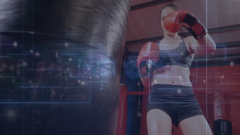 female boxer punching bag in boxing ring, with glowing circuit overlay showing fitness technology