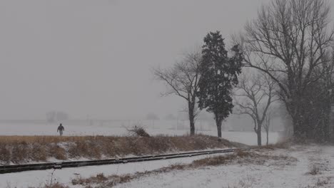 Ein-Blick-Auf-Einen-Winterschneesturm-Mit-Wehenden-Winden-Und-Schnee-über-Ackerland-Und-Eine-Eisenbahnstrecke-Und-Einen-Mann,-Der-Mit-Seinem-Hund-Spazieren-Geht