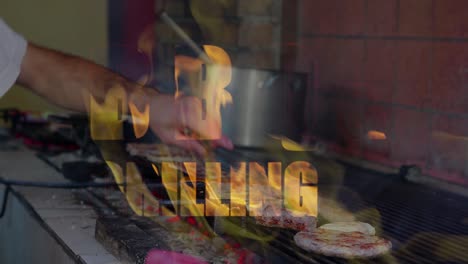 bbq and grilling fire text animation over montage of barbeque food video clips