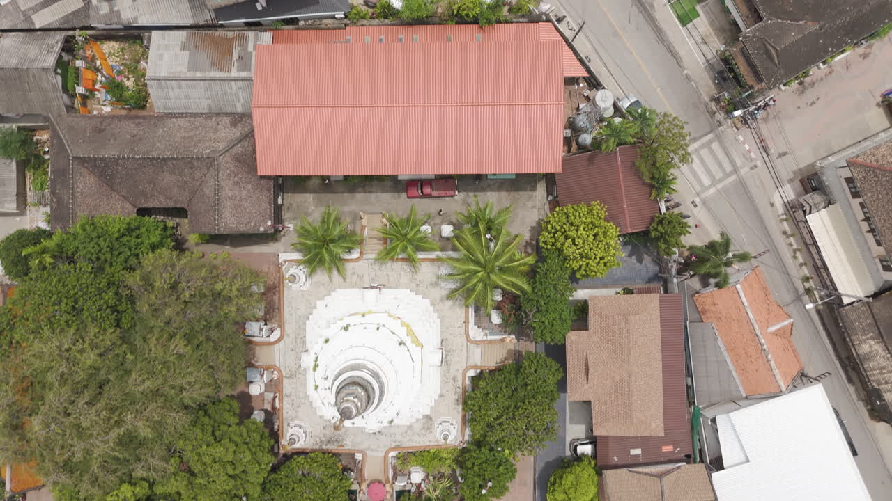 Aerial shot of the Wat Ket Karam, showing the main vihāra and chedi from above.