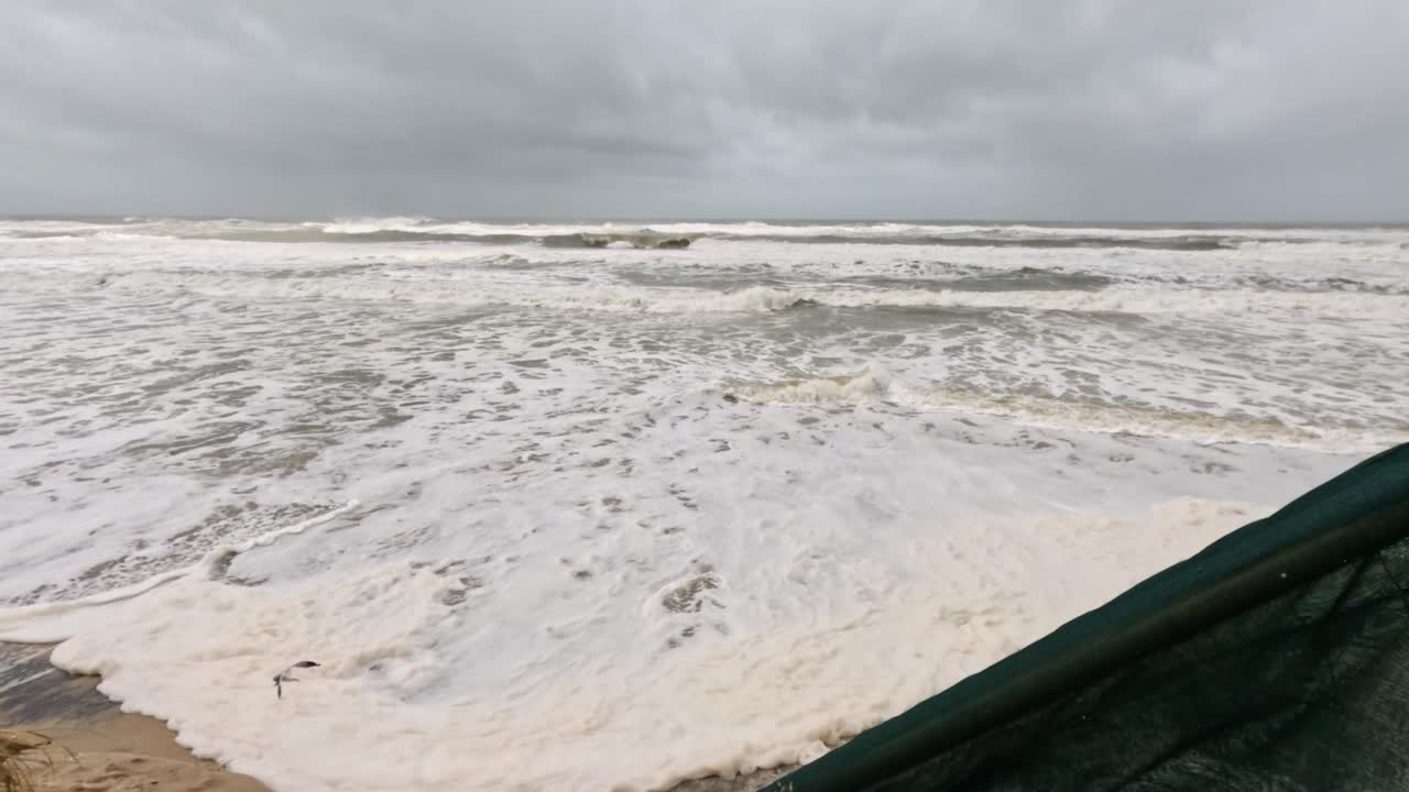 파도가 해안에 부히며 폭풍우 하늘 아래 침식을 일으켜 사이클론 알프레드의 자연의 힘을 강조합니다.
