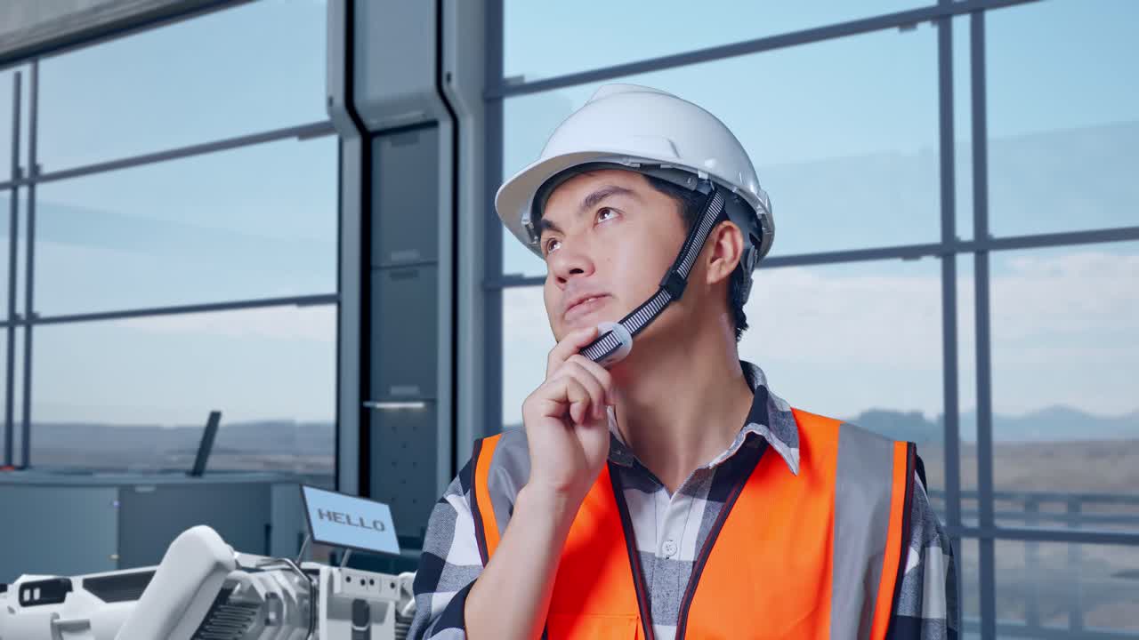 안전 헬을 입은 아시아 남성 엔지니어가 하이테크 공장에서 로 기계 개념을 분석하며 무언가를 생각하고 주변을 둘러보고 있습니다.