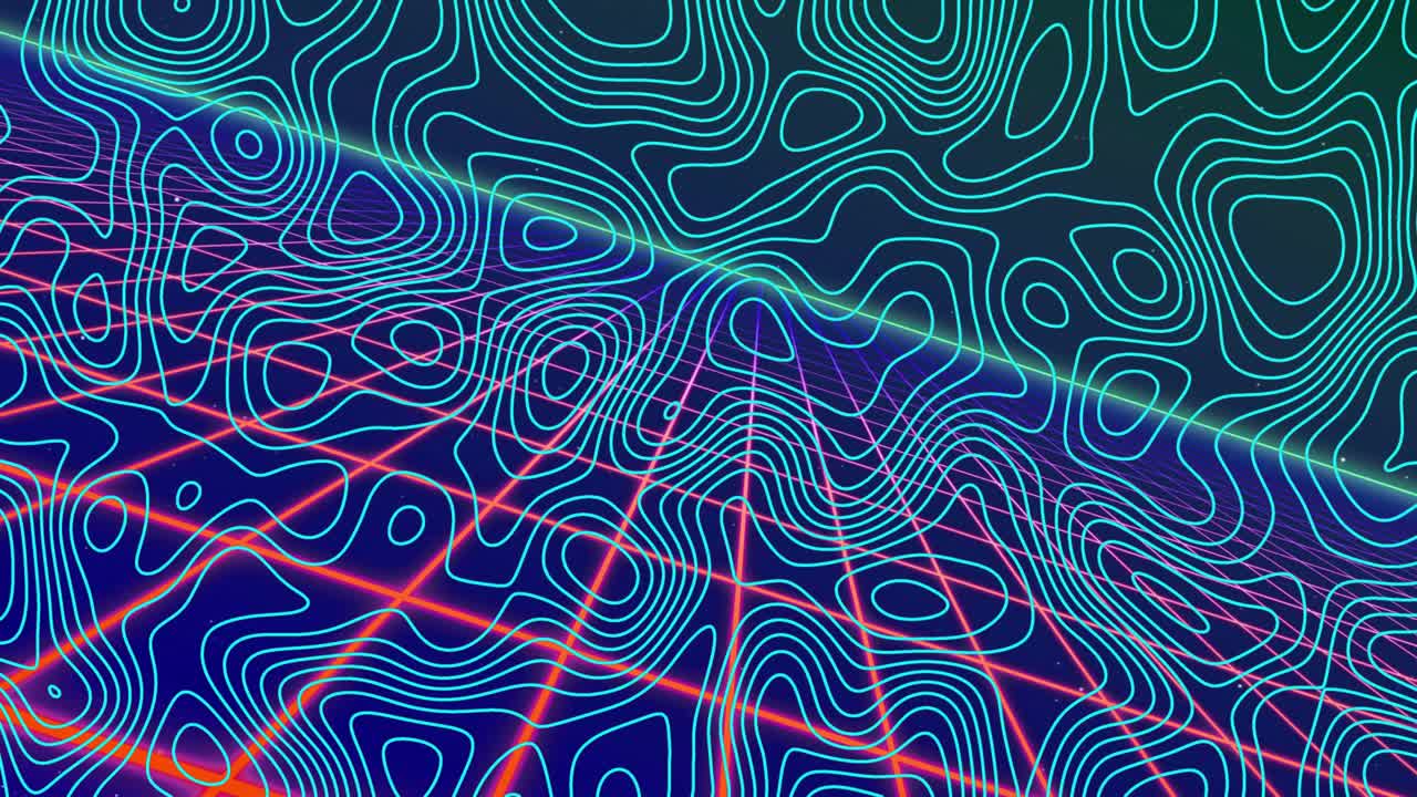 Opening neon contours shifting under force while green band pulsing and red rays weaving loops