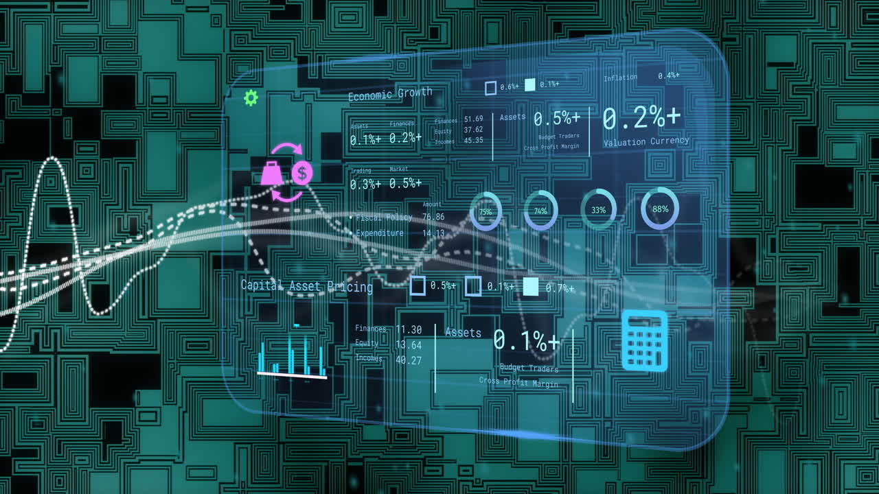 diagramas y gráficos de datos financieros animación sobre el fondo de la placa de circuitos digitales