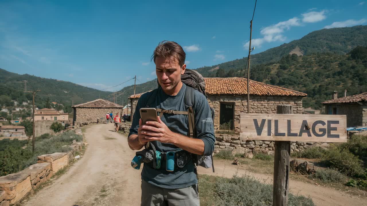 Walking hiker in blue shirt and pack checking phone map along village road, passing VILLAGE sign