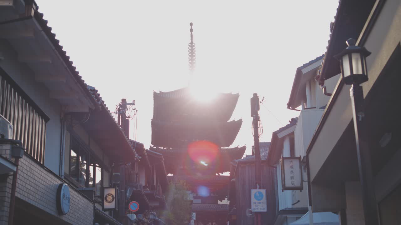 Tranquil morning view of the historic five-story To-ji Temple in Kyoto, Japan, captured at sunrise, showcasing traditional architecture against the serene early light.