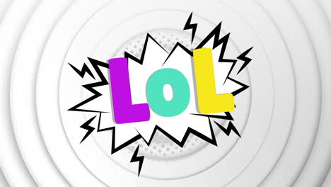 animación de texto lol sobre círculos en fondo blanco