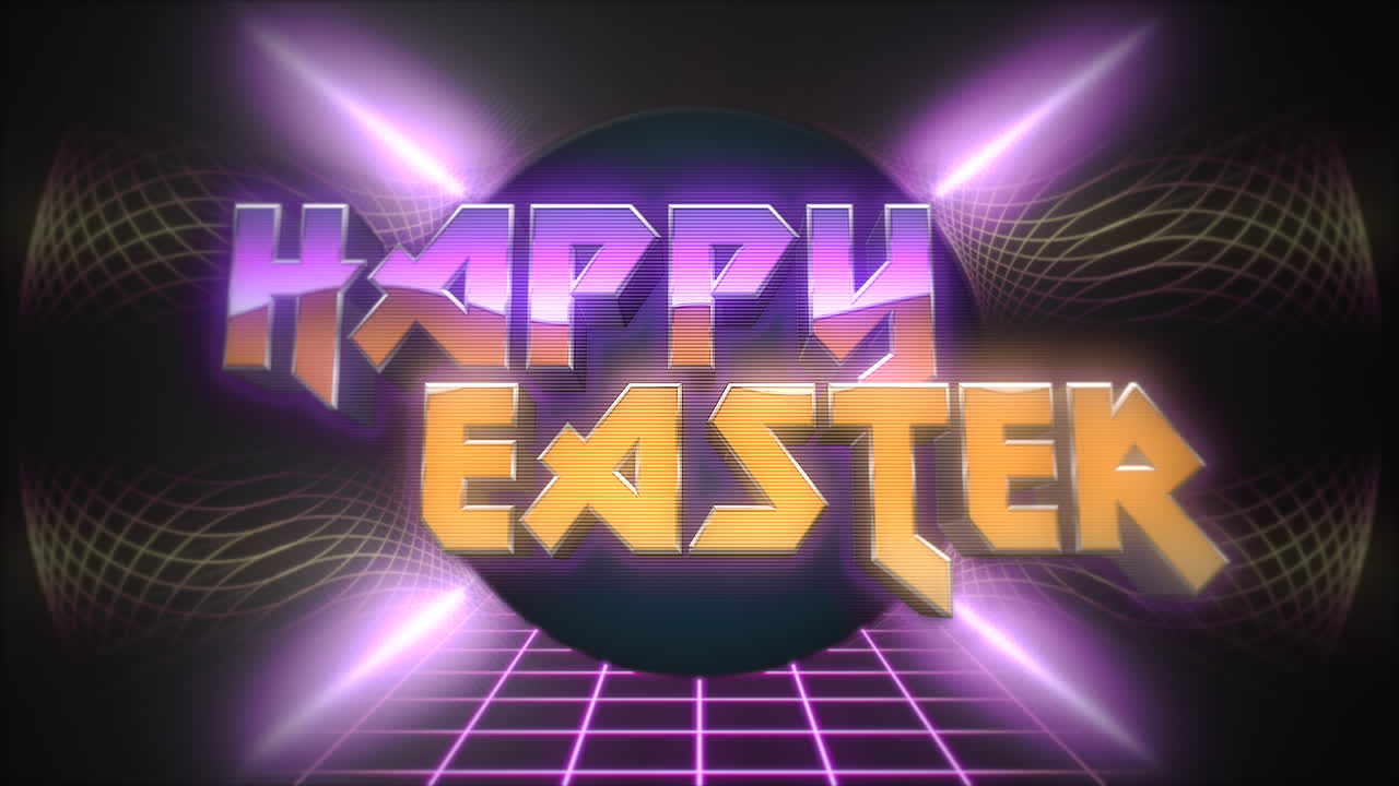 Buona Pasqua con palla da discoteca e griglia viola in stile anni '80