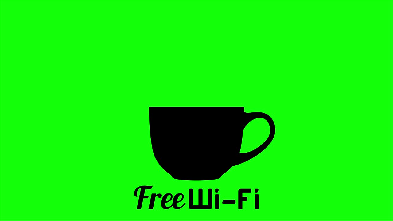 인터넷 카페 무료 wi-fi 커피 컵 표지. 무선 네트워크 아이콘. wi-fi 기호와 함께 검은 평평한 버튼. 크로마 키 녹색 화면에 현대 ui 요소.