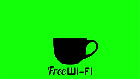 internet cafe free wifi coffee cup sign. wireless network icon. black flat button with wi-fi symbol. modern ui element on chroma key green screen.